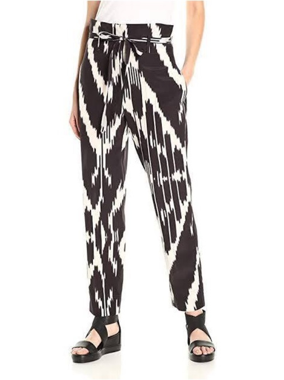 Theory Gunilla Black Off-White Ikat Silk Print Belted Paperbag Waist Trousers 6